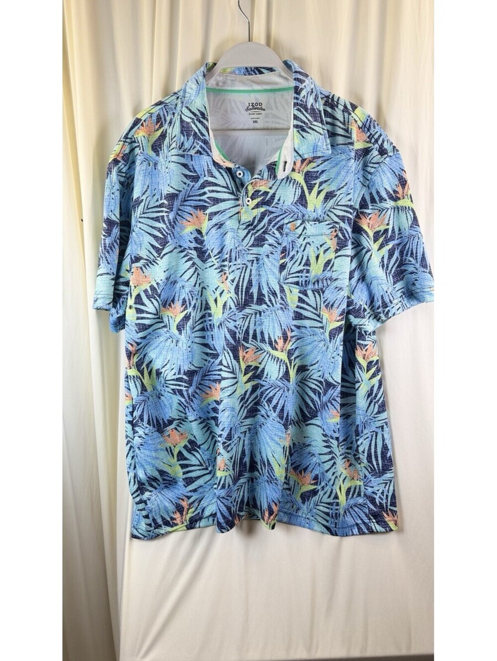 IZOD Saltwater Men's Polo Shirt Relaxed Short Sleeve Blue Palm Print XXL Outdoor